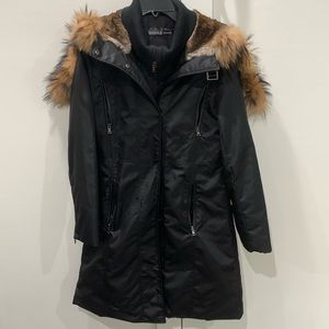 Fur (Rabbit) lined long puffer-like coat with hood. Black. Andrew Marc.